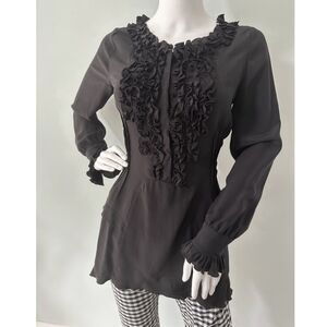 Black Ruffle Front Long Sleeve Silk Blouse Romantic Goth Tunic Top size Medium
